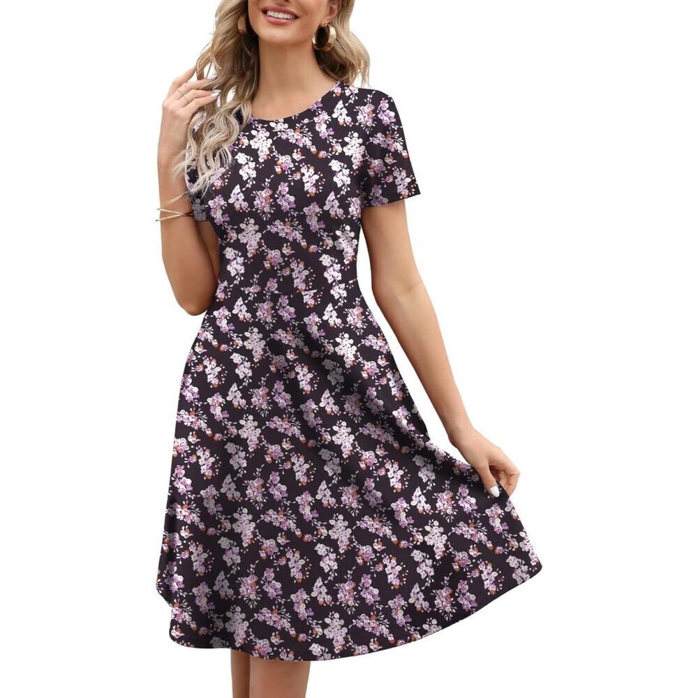 Women's Black Purple Elegant Knee Length Vintage A-Line Swing Dress with Pockets
